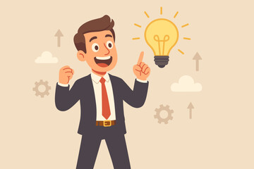 Businessman excited about a new creative idea. Happy cartoon entrepreneur pointing at a lightbulb. Concept of innovation, project development, business solution, startup success.
