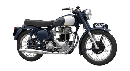 Vintage police motorcycle, dark blue and white, with a single headlight and "Police" displayed on the front.