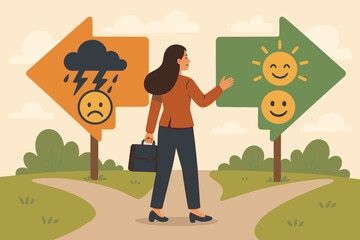 Positive mindset concept for business success. Woman at crossroads choosing happy path over negative way. Metaphor for attitude, mental health, optimism, choice, and life decision.