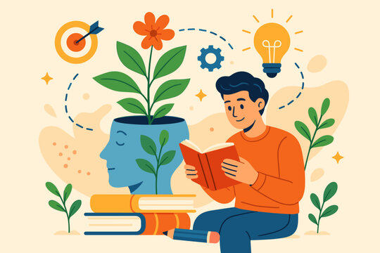 Personal growth and self improvement concept. Man reading a book for continuous learning. Plant in head symbolizes mindset development, with lightbulb for ideas and target for goals.