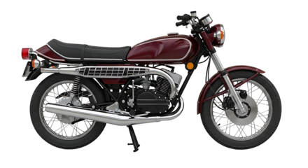 A classic maroon motorcycle, showcasing its details against a clean white backdrop.