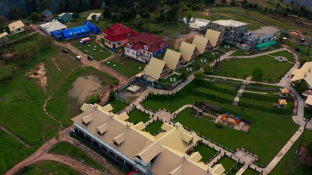 Scenic drone view of Shogran hill station in Kaghan Valley in the north Pakistan, with houses