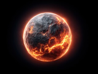 A glowing, cracked volcanic planet or celestial body with molten lava flowing beneath its dark, rocky surface against a black background.