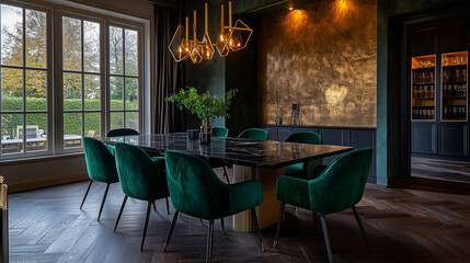 Sophisticated luxury dining room,bold textures and high-contrast elements like a black marble table and gold detailing. Real estate, luxury brand campaigns, or interior trend publications. No people.