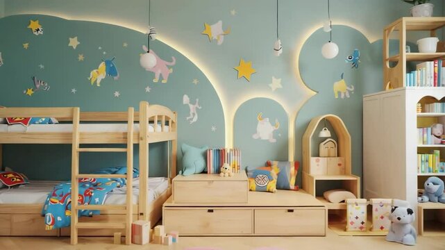 Stylish children's bedroom with bunk beds and playful decor in a cozy setting
