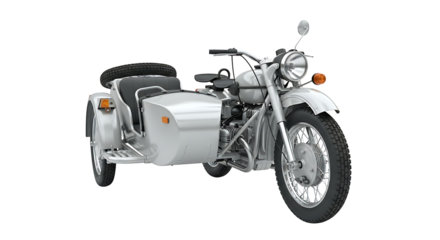 A white motorcycle with a sidecar is displayed against a plain white background, showcasing its classic design.