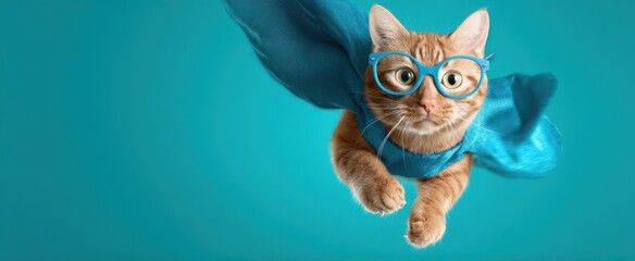 The adorable cat soaring in superhero costume with vibrant blue background