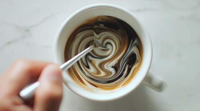 Cinematic top-down slow-motion of milk swirling into dark coffee as a silver spoon stirs a porcelain cup. Creamy patterns, gentle steam, and soft reflections create an elegant, mindful coffee ritual.
