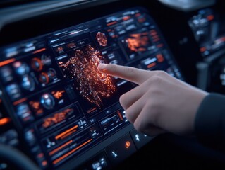 A hand interacts with a futuristic digital touchscreen interface in a vehicle, displaying a glowing network map and various data controls in an advanced, high-tech dashboard.