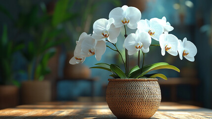 White orchids in woven pot on table in sunlit indoor garden