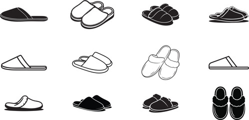 Slippers Silhouette Line Art | Black & White Footwear Icon