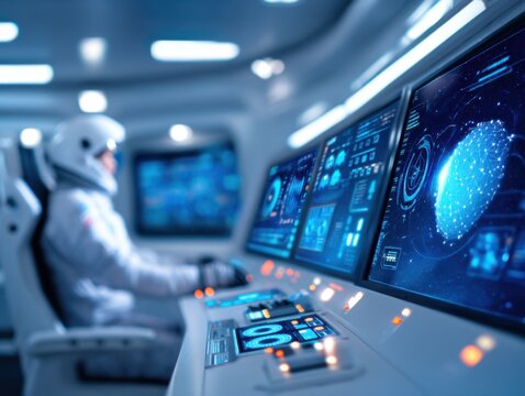 An astronaut monitors futuristic digital consoles displaying holographic data inside a spacecraft or control center.