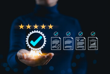 Standard Quality Control and Certification Assurance Concept. Presenting certification icon with...