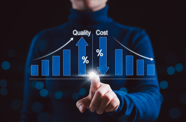 Quality control and cost optimization strategy. Businessperson analyzing graph increased quality...