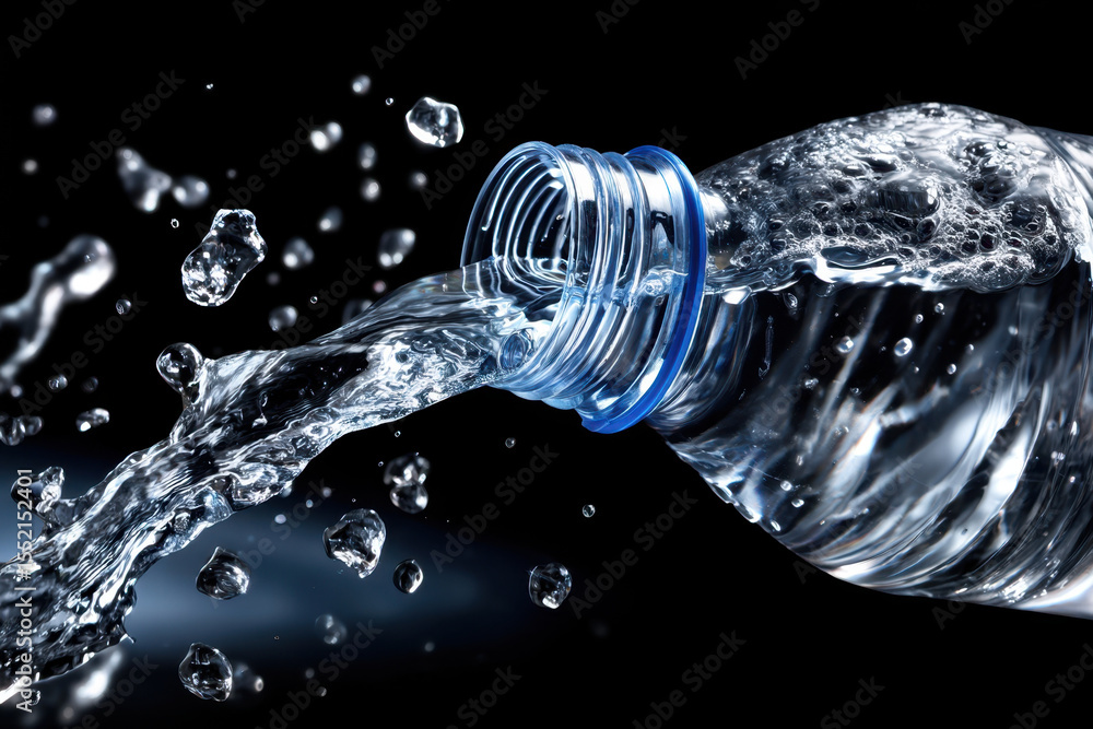 Poster water flows from a bottle creating dynamic splashes against a dark backdrop