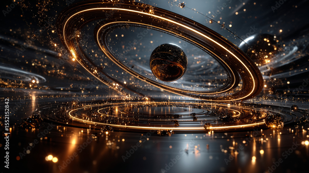 Poster magic light circle and spiral neon elements with swoosh effect and glowing sparkles. realistic vecto