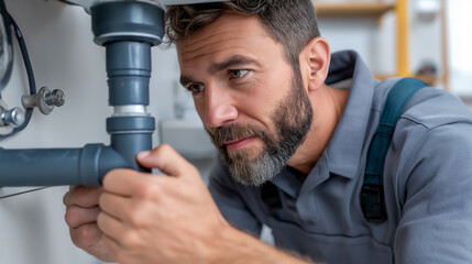 Plumber working on gray PVC pipe under sink during repair job