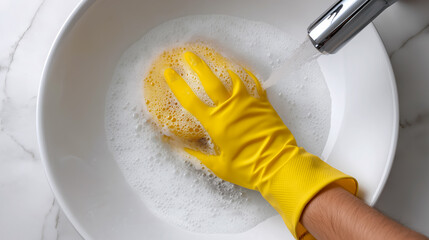 Hand in yellow glove scrubbing white ceramic sink with soap suds