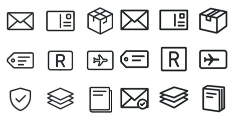 Mail and shipping line icons set – outline, linear, delivery and postal elements