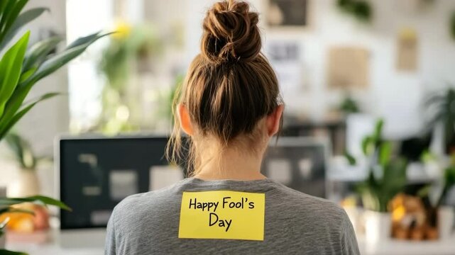 A woman with a note saying "Happy Fool's Day" taped to her back sits at her desk in an office. Perfect for content about pranks, workplace humor, and holidays.