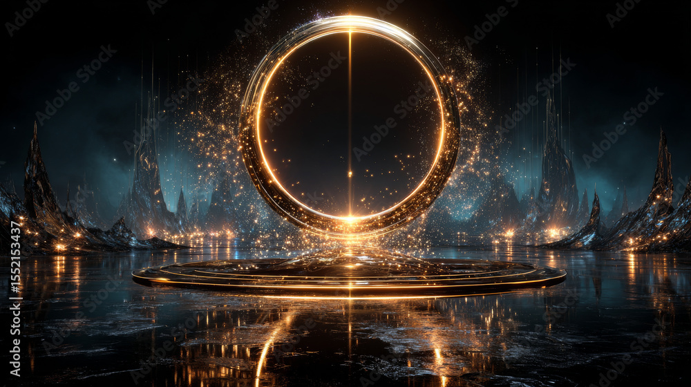 Poster golden glowing circle frame with glitter sparkle on black background. realistic vector illustration 