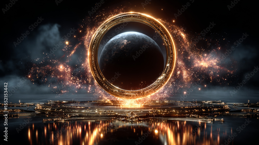 Poster golden glowing circle frame with glitter sparkle on black background. realistic vector illustration 