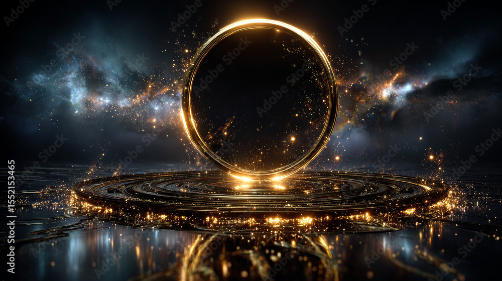 Poster golden glowing circle frame with glitter sparkle on black background. realistic vector illustration 