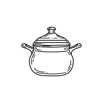  Black lined icon of Afghan deg cooking pot with high walls and fitted lid with profile handles