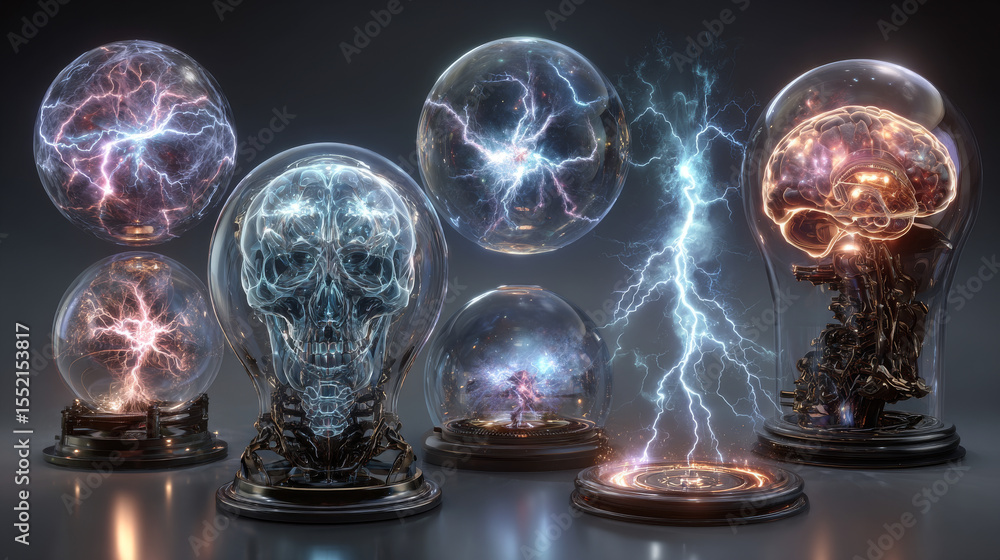Poster thunderbolt ball and circle with neon glow effect and lightnings. realistic vector illustration set 