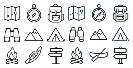 Fototapeta premium Camping outdoor icons set – outline, linear, adventure and hiking symbols