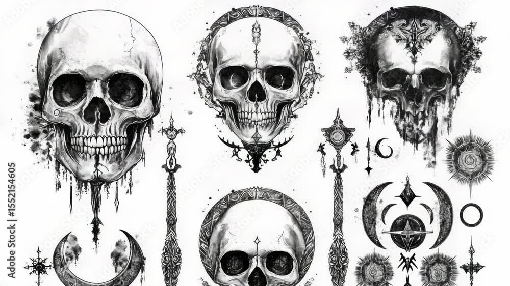 Poster a collection of decorative skulls with various designs and patterns