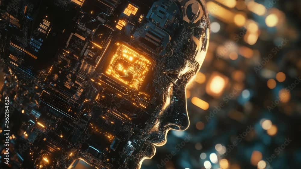 Poster A close-up shot of a person's head with a circuit board in the background, possibly for electronics or coding purposes