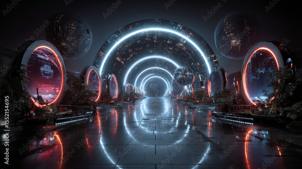 Poster poster design template in y2k aesthetic style with abstract grid 3d tunnel shapes, simple icons and 