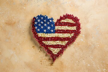 Heart-shaped usa flag made of colorful beads on rustic background