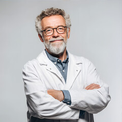 Professional photo of mature male scientist who is happy with his self-confidence, his research, good work, good balance. Sophisticated calm