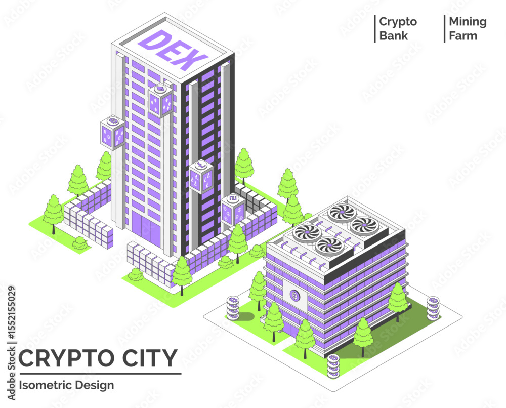 Poster cartoon color dex office and mining farm building crypto city concept 3d isometric view line element