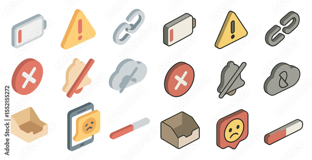 Poster error and alert icons set – isometric, 3d, warning and notification symbols