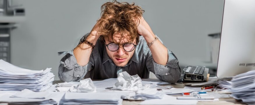 The overwhelmed man dealing with excessive paperwork at his cluttered desk.