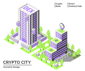 Cartoon Color DEX Office and Smart Contract Hub Building Crypto City Concept 3d Isometric View Line Elements. Vector illustration