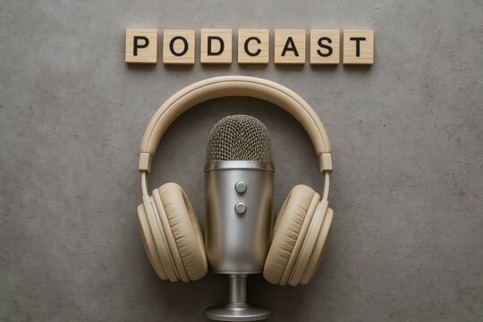 Podcast setup concept with microphone and headphones on gray background, podcasting and audio media theme