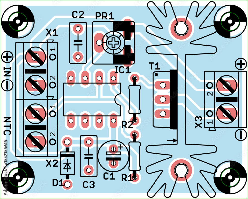 Poster vector printed circuit board of electronic device with components set of radio elements, conductors 