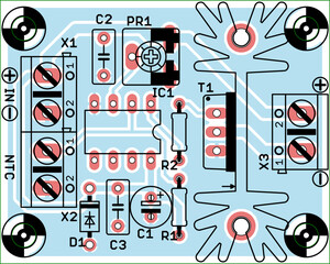 Vector printed circuit board of electronic 
device with components set of radio elements, 
conductors and contact pads placed on pcb. 
Engineering technic drawing. Electric background.
Cad design.