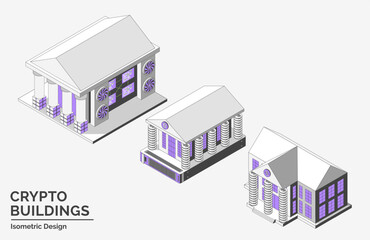 Cartoon Color Blockchain Museum and Bank Crypto Buildings City Architecture Concept 3d Isometric View Line Elements. Vector illustration