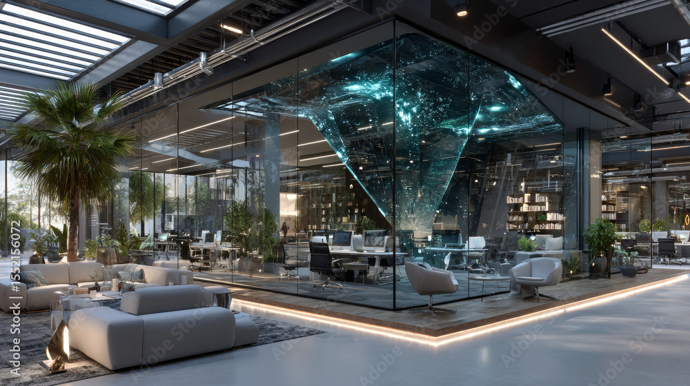 Poster empty office with large windows on ceiling and floor. room interior in white colors. internal struct