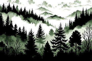 Obraz premium Misty Mountain Forest Landscape, Green Watercolor Painting