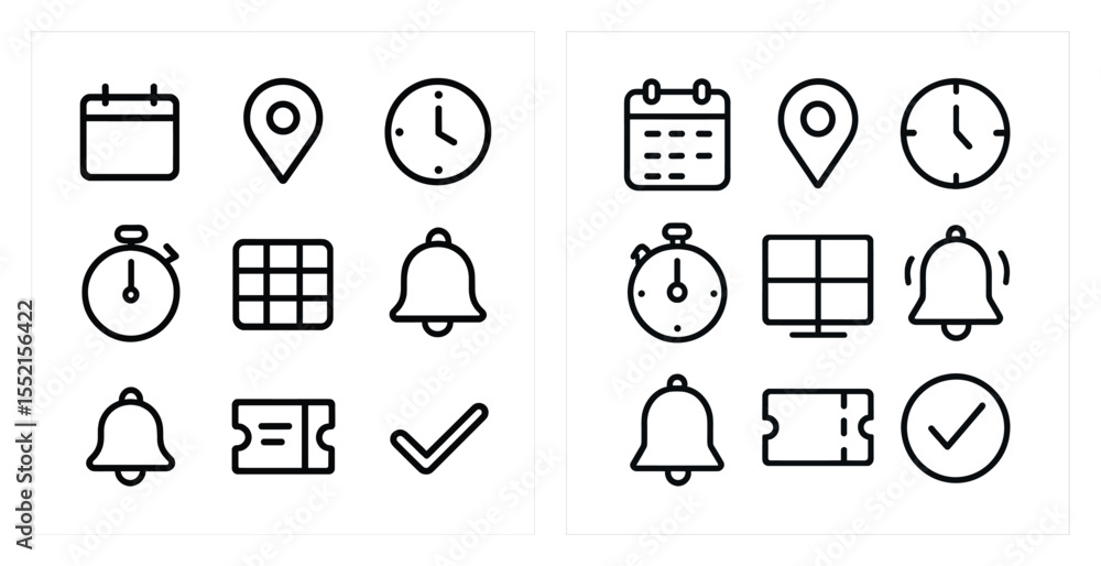 Poster scheduling and time management outline icons set – calendar, clock, alert graphics