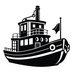 Fototapeta premium Black and White Illustration of a Classic Tugboat Vessel with Flag on the Mast