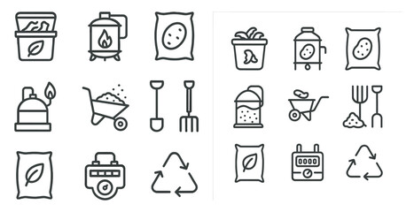 Compost and recycling outline icons set – linear, solid, sustainability symbols
