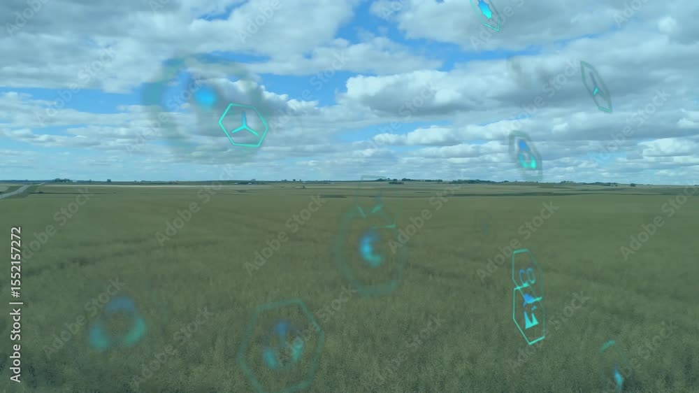 Poster camera gliding over wheat field initiating floating hex icons rotating pulsing visualizing energy