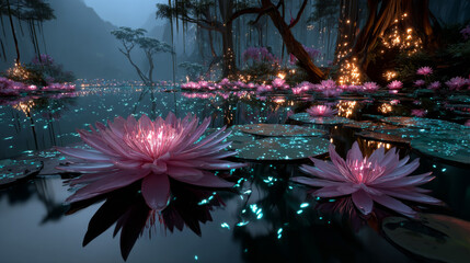 Two neon glowing fairy pixie floating above lake in forest with lotus flowers at night. Cartoon vector dusk landscape with water lily on pond, tree trunks and bush on shore, firefly and fantastic elf.